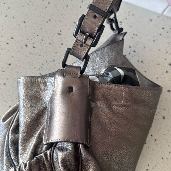 Burberry Warrior Metallic Pewter Leather Satchel Shoulder Handbag Hobo Ruched - Picture 12 of 16